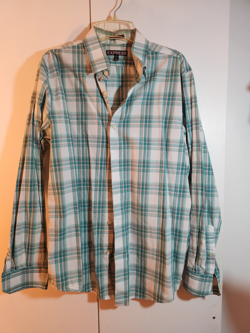 Express Men’s Teal and White Plaid Button-Down Shirt